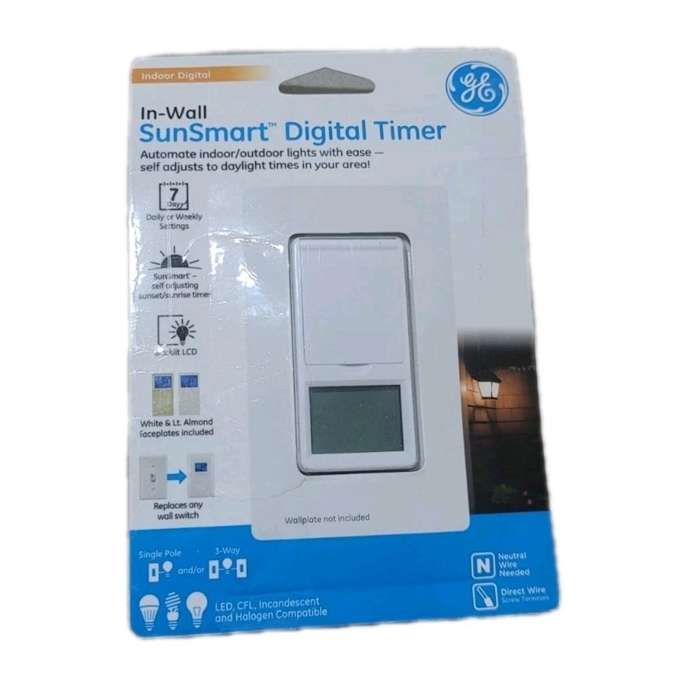 GE In-Wall SunSmart Digital Timer 7Day Programmable 120VAC 15A White Backlit LCD